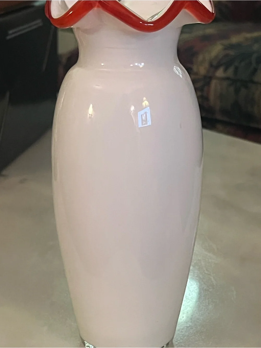 Glossy White Glass Vase with Red Ruffle Rim